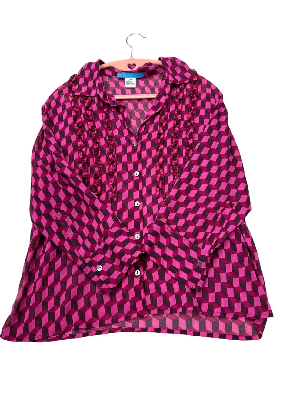 Johnny Was Pink Geometric Ruffle Button-Front Blouse - Picture 6 of 8